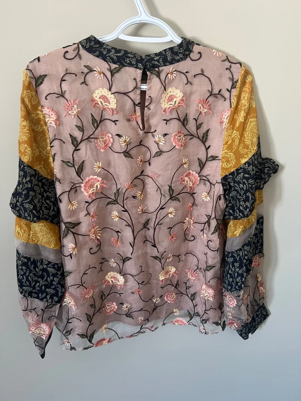Anthropologie Let Me Be Patchwork Boho Blouse Sheer Embroidered Floral Design M - Picture 8 of 16